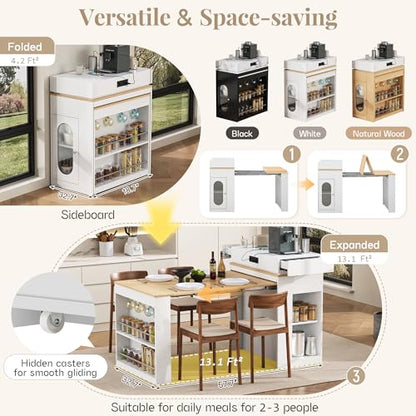 Extendable Dining Table with Folding Tabletop & Power Outlet, Modern Kitchen Island Sideboard with Wheels, Hidden Drawers & USB Charging, Sturdy Buffet Table for Small Spaces (Creamy White+Natural) - color: Creamy White+natural