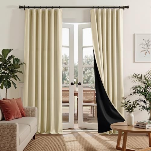 RYB HOME 100% Blackout Light Beige Curtains for Living Room 90 inches Long | Heat & UV Blocking, Total Room Darkening, Noise Reducing, Back Tab, For Bedroom Dining Room Theater, W52 x L90, 2 Panels - color: Light Beige, size: 52"W x 90"L (Pack of 2)