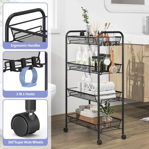 TOOLF 4-Tier Rolling Cart, Metal Utility Cart with 3 Hooks, Easy Assemble Mobile Storage Trolley On Wheels, Metal Shelving Units Kitchen Bathroom Laundry Room - color: Black, size: 4-Tier