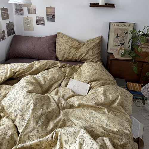 MKXI Beige & Brown Vintage Floral Duvet Cover Set Twin Size - 3 Piece Soft&Breathable Boho Bedding Set with Geometric Patterns, 100% Cotton Aesthetic Duvet Cover with Zipper Ties & Pillowcases - color: 003 Boho Floral, size: Twin