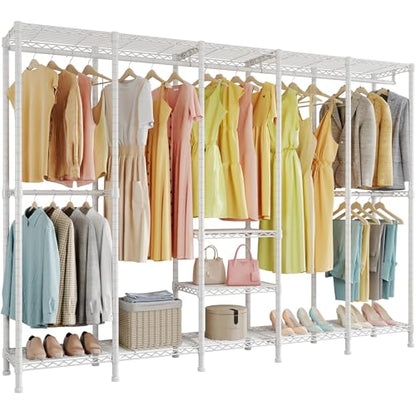 Higeego H5 Clothing Rack for Hanging Clothes, Heavy Duty Closet Rack, White | Large Garment Rack, 93.3"Wx15.7"Dx75.4"H, Freestanding Wardrobe Closet, with Adjustable Shelf, Load 1400 lbs - color: White
