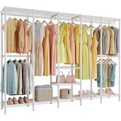 Higeego H5 Clothing Rack for Hanging Clothes, Heavy Duty Closet Rack, White | Large Garment Rack, 93.3"Wx15.7"Dx75.4"H, Freestanding Wardrobe Closet, with Adjustable Shelf, Load 1400 lbs - color: White