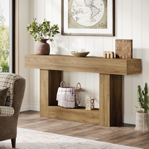 Tribesigns 63" Console Table, Farmhouse 2-Tier Entryway Table with U-Shaped Base, Narrow Long Wood Sofa Table Behind Couch Table for Living Room, Hallway, Foyer, Light Brown - color: Light Brown