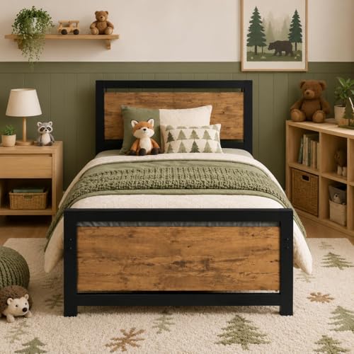 Twin Bed Frame with Headboard, Metal Platform Twin Bed Frames with Steel Slat Support, 10.5 in Storage Clearance, No Box Spring Needed, Easy Assembly, Black Brown - color: Black&brown, size: Twin