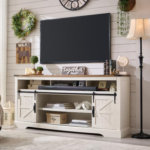 OKD 70" Farmhouse TV Stand for TVs up to 80", Antique White | 33" Tall, Rustic Entertainment Center, Sliding Barn Door, Large Open Storage Shelf, 2 Storage Cabinets, Living Room, Bedroom - color: Antique White
