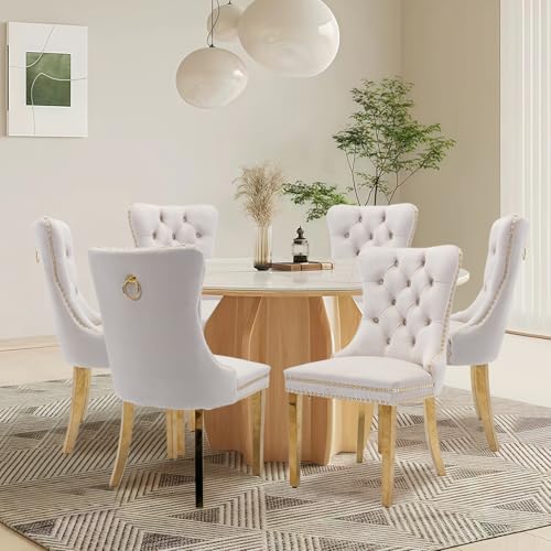 Velvet Upholstered Dining Chairs Set of 6, Modern Style Kitchen Side Chairs with Nailhead Trim and Gold Plated Leg, Metal Pulling Ring for Dining Room Living Room(Beige-Gold Plated Leg) - color: Beige-gold Plated Leg, size: Set of 6