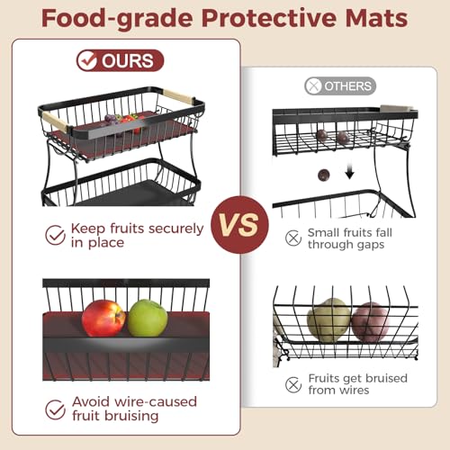 2-Tier Fruit Basket with Banana Hangers, Detachable Metal Bowl | Wooden handle, protective mats included. Versatile holder for bread, snacks, and veggies. Extra Large 2 tier metal design. - color: Black, size: 2 Tier Extra Large
