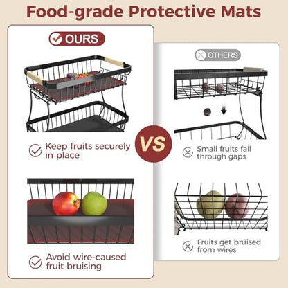 2-Tier Fruit Basket with Banana Hangers, Detachable Metal Bowl | Wooden handle, protective mats included. Versatile holder for bread, snacks, and veggies. Extra Large 2 tier metal design. - color: Black, size: 2 Tier Extra Large