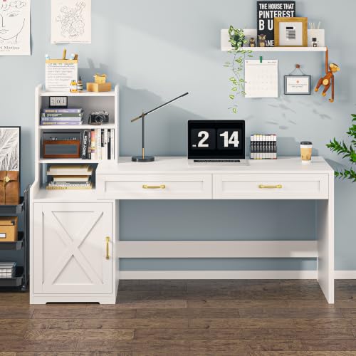 60" White Computer Desk with Drawers & Bookshelves for Bedroom, Home Office | Computer Desk with Bookcase & Drawers, Vanity Desk Writing Study Table with Storage for Bedroom, White - color: White