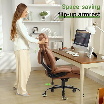 Office Chair, Big and Tall Executive Chair with Air-Lumbar Support, Breathable Desk Computer Chair with Adjustable Flip-up Armrests, Wide Cushion Seat Swivel Home Office Chair - color: Brown
