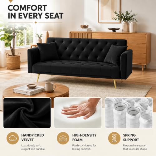 Anwick 72''Modern Velvet Sofa Bed Futon,Convertible Folding Sleeper Couches with 3 Adjustable Backrests,Tufted Recliner Loveseat with Golden Chrome Legs for Living Room Apartment Office (Black) - color: Black