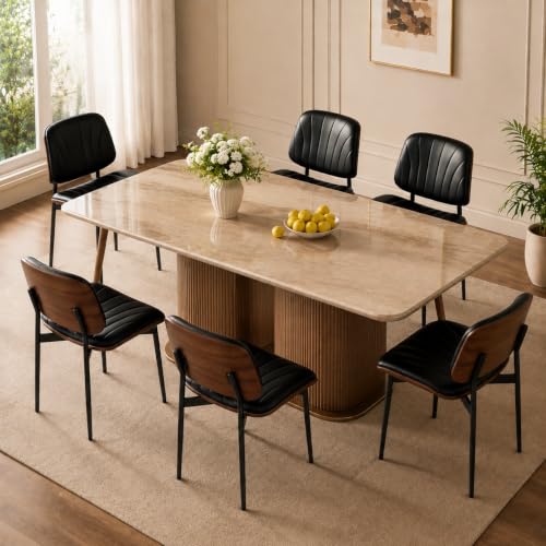 Dining Chairs Set of 2, Mid-Century Modern Upholstered PU Leather Chairs | with Walnut Bentwood Back and Metal Legs Adjustable Feet for Kitchen, Black Shell Strips - color: Black Shell Strips