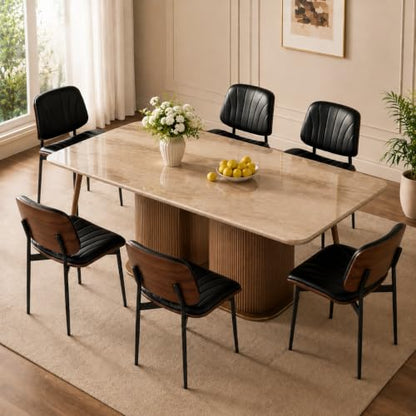 Dining Chairs Set of 2, Mid-Century Modern Upholstered PU Leather Chairs | with Walnut Bentwood Back and Metal Legs Adjustable Feet for Kitchen, Black Shell Strips - color: Black Shell Strips
