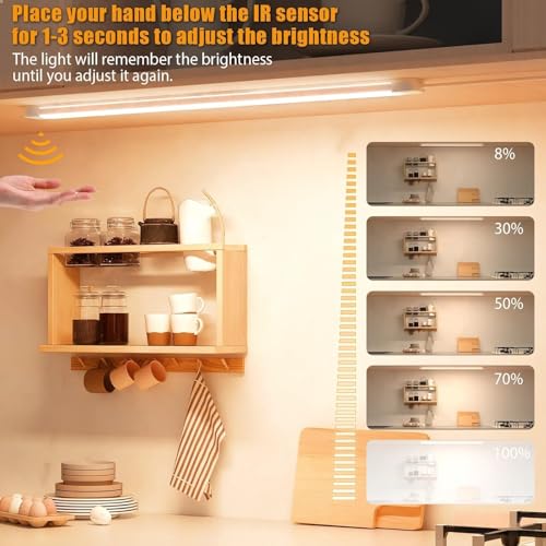 2Pcs 16 Inch Under Cabinet Lights with Hand Wave, Under Counter Lighting 3000K Warm White,Dimmable,Plug and Play,LED Lights for Kitchen Cabinet, Cupboard, Closet, Desk - color: 3000K-Warm White, size: 16inch-2Pack