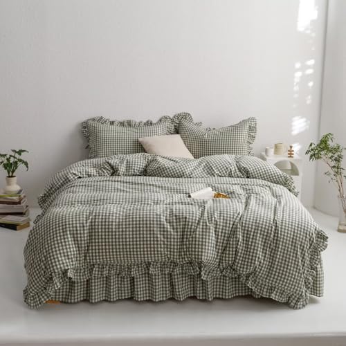 MKXI Sage Green Gingham Duvet Cover Twin, 3-Piece Ruffled Bedding Set - 100% Washed Cotton, Breathable Lightweight Fabric - Farmhouse Boho Chic Style Comforter Cover - color: 002 Ruffle- Green Gingham, size: Twin