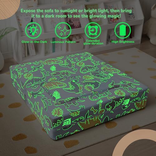 MeMoreCool Glow in Dark Dinosaur Kids Couch, Fold Out Loveseat Sofa | Glow in dark dinosaur kids loveseat folds out to mini sofa - color: Blue Dinosaur