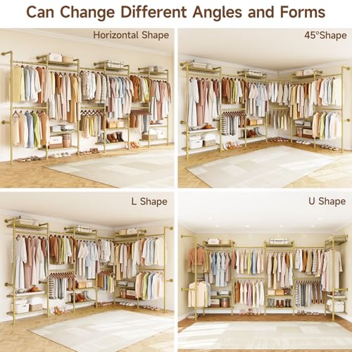 H6 Wall Mounted Closet System, Industrial Pipe Clothes Rack, Gold | Metal Clothing Rack with 6 Telescopic Rods & 3 Fixing Rods & 9 Shelves, Heavy Duty Closet Organizers and Storage in Wardrobe - color: Gold