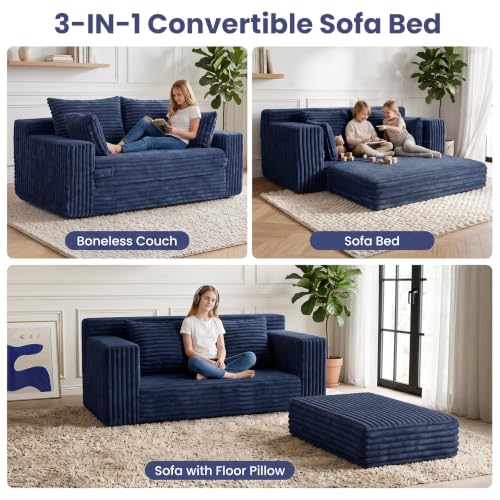 3-in-1 Convertible Sofa Bed: Boneless Loveseat Sleeper & Folding Couch Bed with 4 Pillows & Detachable Cushion,Furry Futon Couch for Bedroom,Apartment,Office and Living Room, No Assembly,Blue - color: Blue, size: Loveseat Sofa