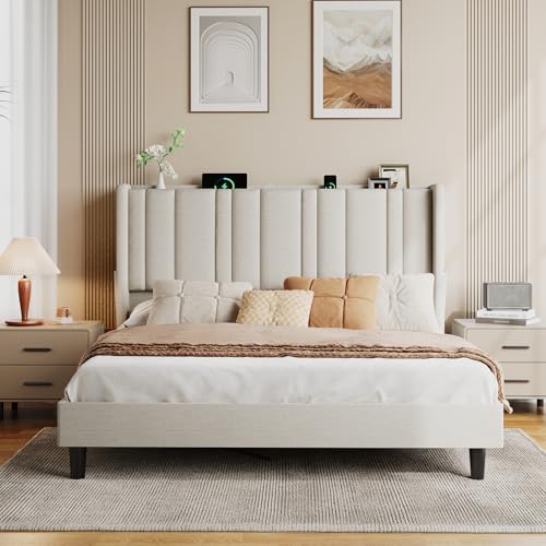 Queen Size Headboard with Storage, LED Light, Linen Vertical Wingback Headboard with Charging Station, Upholstered Head Board Queen w/High-Density Sponge Padding, 2 Storage Pockets, Off White | Linen Vertical Wingback Headboard w/ Charging Station, Uphols