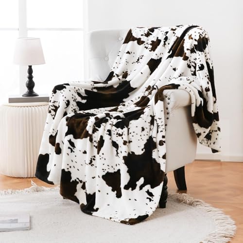 Bnuitland Fleece Cow Print Blanket, Super Soft 300 GSM Double Sided Lightweight Cow Throw for Bed Sofa Couch Travel, Fluffy Fuzzy Animal Blanket for Adults/Baby/Pets, 50×40 inch - color: Cow Brown and Black (Only Blanket), size: Crib