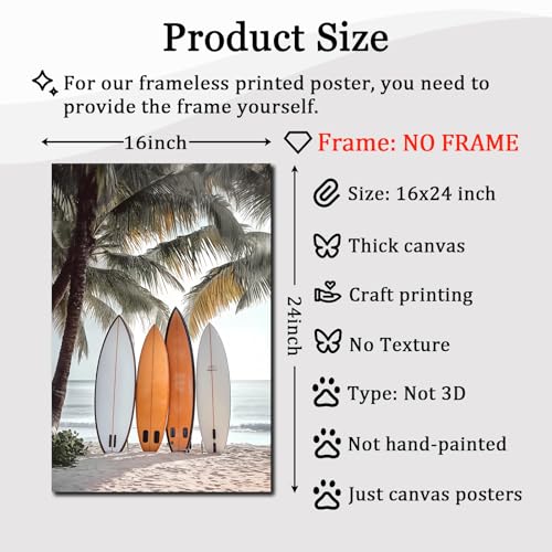 Surfboard Ocean Art Neutral Coastal Pictures Ocean Beach Scene Picture Palm Tree Artwork Coastal Boho Prints Summer Landscape Canvas Surf Beach Prints Seaside Paintings for Home Room 16x24in Frameless - color: B1Unframed
