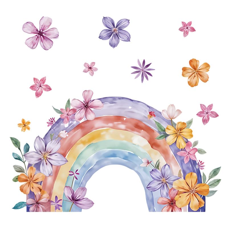 Large Rainbow Wall Decals Peel and Stick Watercolor Wall Art | Easy Removable Vinyl Wall Stickers for Girls Boys Kids Living Room Nursery Playroom Bedroom - color: Rainbow Flower