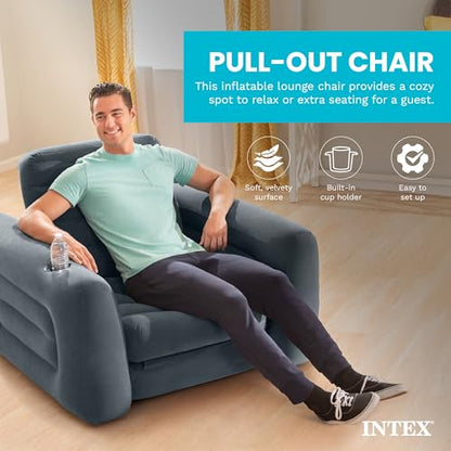 Intex Inflatable Pull-Out Sofa Bed with 2-Pack Lounge Chair and Ottoman Set | 66552EP Convertible Queen Airbed and 66551EP Portable Lounger for Bedroom, Dorm & Living Room (Pump Not Included)