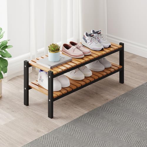 Bamboo Shoe Rack Organizer for Closet and Entryway - Space-Saving Narrow Shoe Stand - Versatile Shoe Holder for Door or Closet Shelf, Garage Bedroom can Freely Stack DIY Small Shoe Racks 2 Tier - color: Black+natural Color, size: 2-Tier