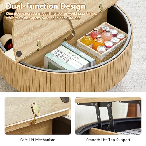 33" Round Coffee Table with Lift-Top & Flip-Top Storage, Modern Accent Fluted Coffee Tables with Metal Frame, Wooden Circle Center Table for Living Room Small Space Apartment Office (Natural) - color: Natural 33" Round Lift-top & Flip-top