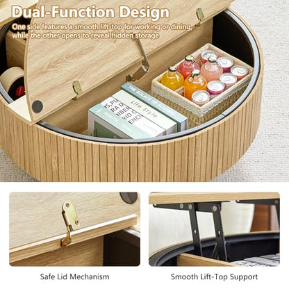 33" Round Coffee Table with Lift-Top & Flip-Top Storage, Modern Accent Fluted Coffee Tables with Metal Frame, Wooden Circle Center Table for Living Room Small Space Apartment Office (Natural) - color: Natural 33" Round Lift-top & Flip-top