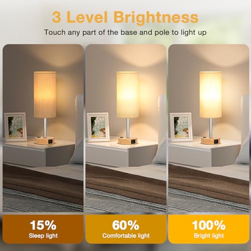 Touch Bedside Table Lamps Set of 2 - Bedroom Lamp with USB A+C, AC Outlet | 3-Way Dimmable, LED Bulb Included, Linen-Texture Fabric Lampshade, Wood-Grain Metal Base, 14" Small Nightstand Lamp for Dorm - color: Wood Base Cream Shade, size: 14.0In