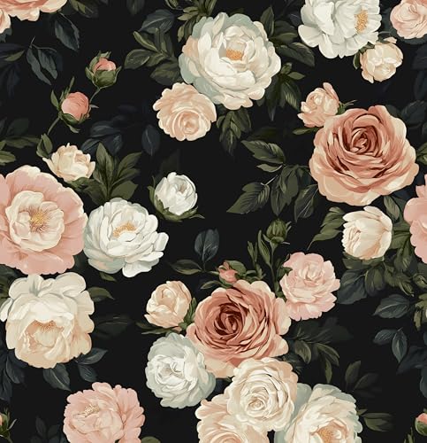 Dark Floral Rose Peel and Stick Wallpaper 17.5" x 118",Black/White | Self Adhesive/Removable/Waterproof/Thick Vinyl Contact Paper for Bathroom Bedroom Shelf Cabinet Drawer,Prepasted,Easy Peel - color: Pink&White, size: 118" x 17.5"