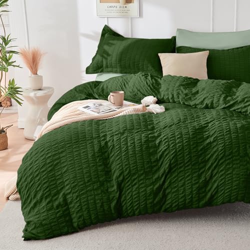 HYMOKEGE Dark Green/Sage Green Twin Size Duvet Cover, Ultra Soft 2-Piece Seersucker Duvet Cover Set with Zipper Closure, Soft Brushed Microfiber Bedding Set with 8 Corner Ties (68"x90", 1 Pillowshams) - color: Dark Green/Sage Green (No Comforter), size: T