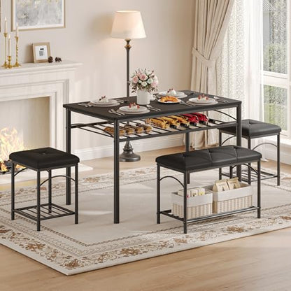 Space-Saving Dining Table Set for 4, Modern Kitchen Dinette with Padded Upholstered Bench & 2 Stools, Anti-Wobble Metal Frame Dining Furniture with Multi-Layer Storage Shelf, Waterproof Wood Grain Tab - color: Black