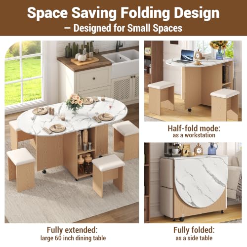 60" Extendable Drop Leaf Dining Table Set with 4 Leather Chairs,Storage,5 Pcs Oval Foldable Kitchen Table and Chairs Set for 4-8 People,6 Wheels,Folding Table Set for Small Space Saving,White Marble - color: White Marble