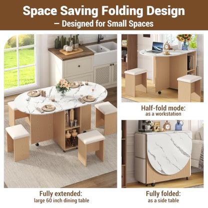 60" Extendable Drop Leaf Dining Table Set with 4 Leather Chairs,Storage,5 Pcs Oval Foldable Kitchen Table and Chairs Set for 4-8 People,6 Wheels,Folding Table Set for Small Space Saving,White Marble - color: White Marble
