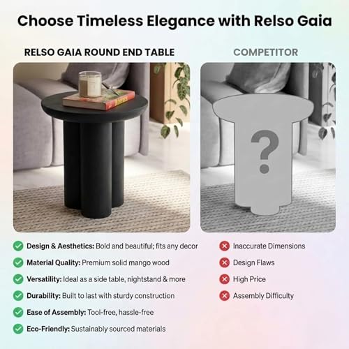 Relso Gaia Round End Table for Living Room and Bedroom, Solid Mango Wood Side Table or Nightstand, Black Finish, Compact Rustic Design, Boho Modern Farmhouse Style - color: Gaia-black