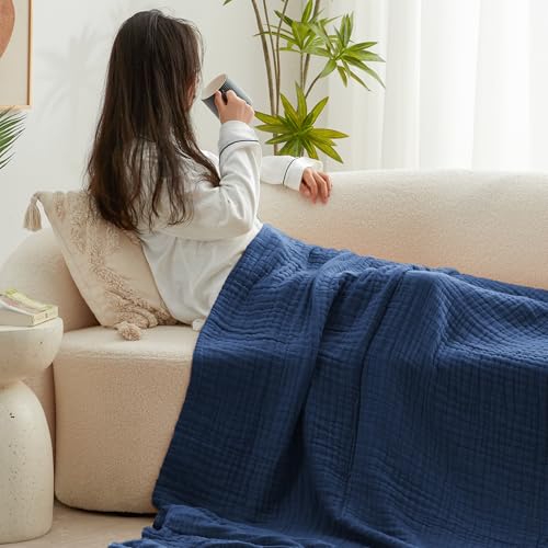 Love's cabin 100% Cotton Muslin Blanket, 6 Layer Lightweight Breathable Gauze Throw Blanket 50 x 60 Inches, Soft All Season Blanket for Couch, Bed, Sofa, Dark Blue - color: Dark Blue, size: Throw(50"x60")