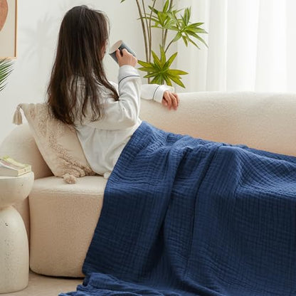 Love's cabin 100% Cotton Muslin Blanket, 6 Layer Lightweight Breathable Gauze Throw Blanket 50 x 60 Inches, Soft All Season Blanket for Couch, Bed, Sofa, Dark Blue - color: Dark Blue, size: Throw(50"x60")