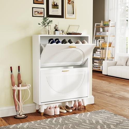 White Shoe Storage Cabinet: 24" Ultra Thin Small Shoe Cabinet | Modern Slim and Narrow Hidden Shoes Rack Organizer with Doors and 2 Flip Drawer for Entryway - size: 25"