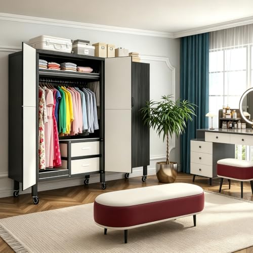 Portable Closet with Drawers Heavy Duty with Cover, KT-Black L:49in/125cm | Foldable Portable Armoire Wardrobe Closet for Hanging Clothes Rack and Wheel, Garment Rack for Bedroom Storage - color: Kt Black, size: L:49.2in/125cm