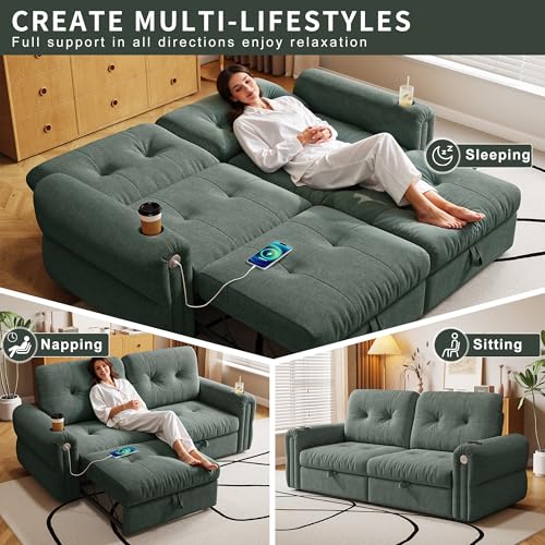 80.4" Queen Sleeper Sofa Bed, 3 in 1 Convertible Pull Out Couch with USB Ports & Cup Holders, Modern Chenille Loveseat Sofabed with Adjustable Backrest for Living Room, Bedroom, Apartment - color: Green, style: Sofabed w/USB &Cup Holders