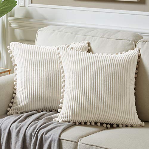 Fancy Homi Pack of 2 Boho Decorative Throw Pillow Covers with Pom-poms, Soft Corduroy Accent Solid Square Cushion Case Set for Couch Sofa Bedroom Car Living Room (18x18 Inch/45x45 cm, Cream) - color: Cream, size: 18" x 18" (Pack of 2)