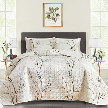 Quilt Set King Size Cream White with Black Branch Bedding Set 88x88 Soft Microfiber Lightweight Coverlet Bedspread Summer 3 Pc Bed Cover for (1 Quilt+ 2 Shams) - color: Cream, size: King(102x88)
