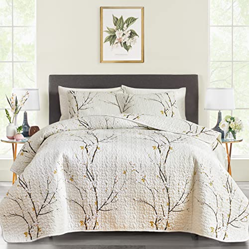 Quilt Set King Size Cream White with Black Branch Bedding Set 88x88 Soft Microfiber Lightweight Coverlet Bedspread Summer 3 Pc Bed Cover for (1 Quilt+ 2 Shams) - color: Cream, size: King(102x88)