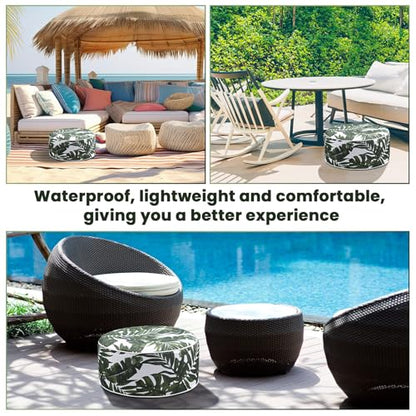 Cinnvoice 2 Pcs Inflatable Outdoor Ottoman Pouf Waterproof Round Footrest with Handle D21 x H9 Inch Indoor Outdoor Portable Footstool for Patio Garden Camping or Home Pool(Leaf) - style: Leaf