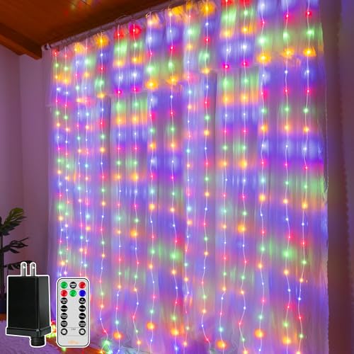 Ollny Curtain Lights 300 LED 9.8FT x 9.8FT, Connectable IP67 Waterproof Outdoor Christmas Curtain Lights with Remote, Plug-in Untangle Fairy Lights with 8 Modes&Timers for House Decor(Multicolored) - color: Multicolored, size: 9.8 ft