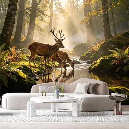 Custom Size Wall Murals Forest Landscape Deer Creek Morning Light Water Reflection SelfAdhesive Wall Fabric Removable Large Wallpaper for Photo Living Room