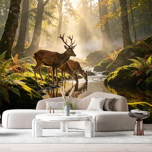 Custom Size Wall Murals Forest Landscape Deer Creek Morning Light Water Reflection SelfAdhesive Wall Fabric Removable Large Wallpaper for Photo Living Room