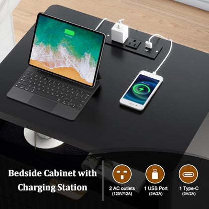LYNCOHOME Fluted Nightstand with Charging Station, 19.7 inch Wide End Table with 2 Drawers, Modern Wood Bedside Table for Bedroom, Black,1 Pcs - color: Black, size: 15"D x 19.7"W x 25.5"H（2 Drawers）